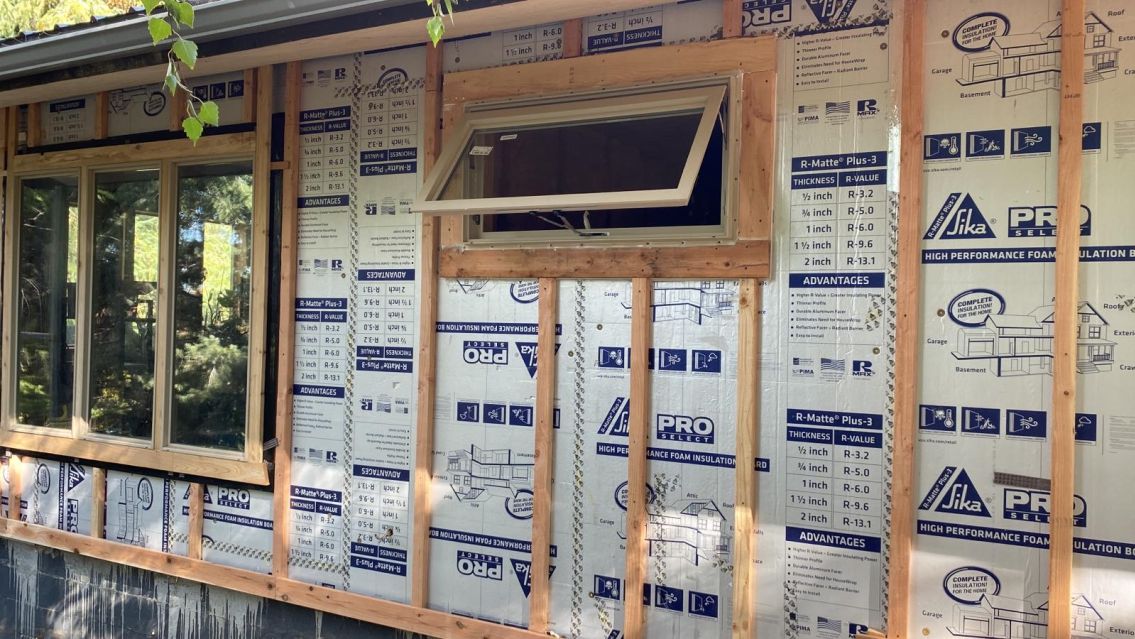 Energy-efficient exterior wall construction in progress